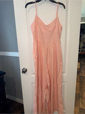 eesome Coral and White Striped Spaghetti Strap Jumpsuit